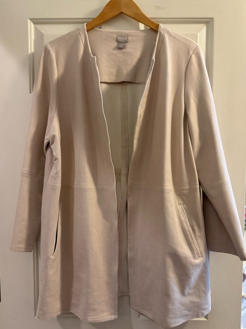 Chico's Faux Suede Jacket Taupe Open Front Pockets Long Sleeve Size  3 (XL)